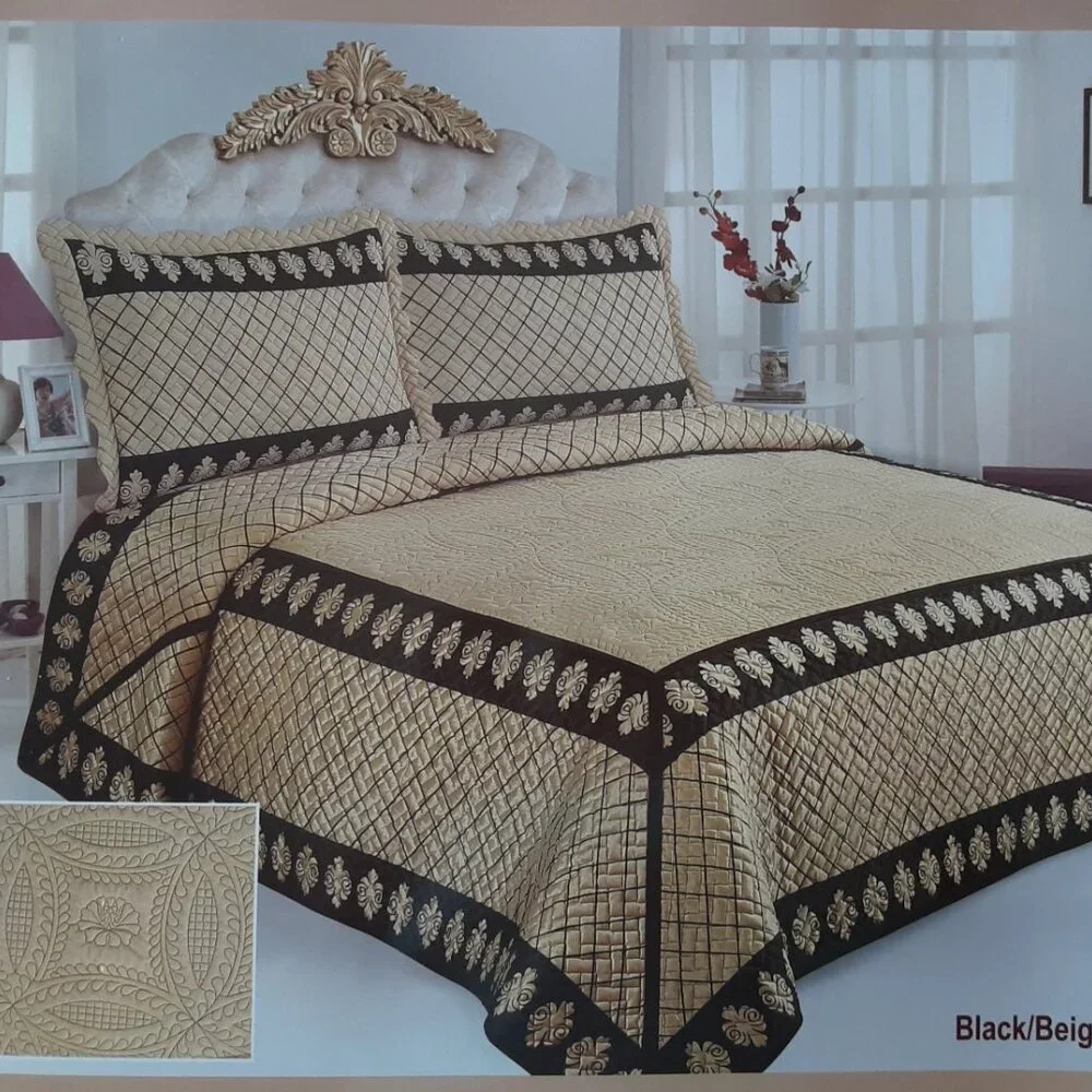 Damascus - Luxury Plush Quilted Bedspread with 3D Embroidery Vintage Royal Gold